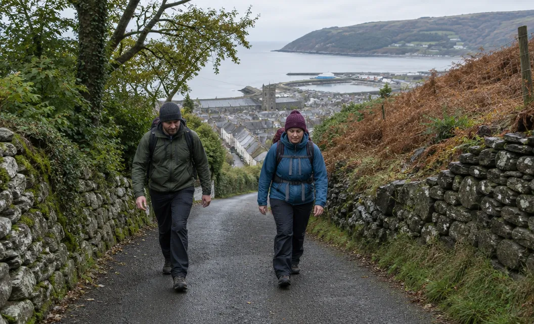 Two walkers coming down a steep narrow lane between stone walls towards a coastal town.