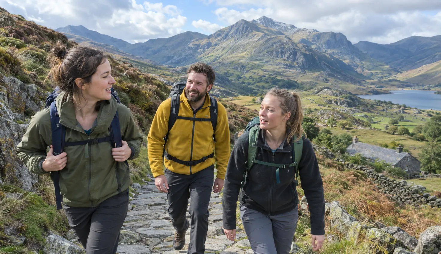 Three walkers setting off up the stone path from Pen-y-Pass