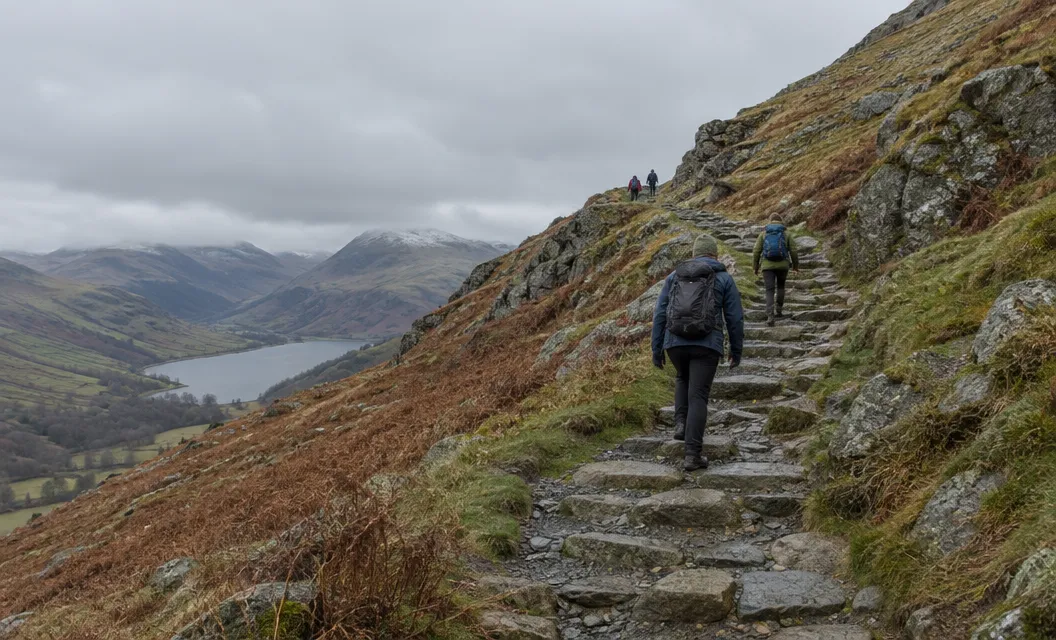 A stone-pitched path climbing a steep rocky hillside, with a few walkers small in the distance.
