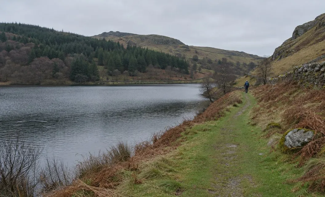 A grassy path along the shore of a small calm lake below wooded hills.