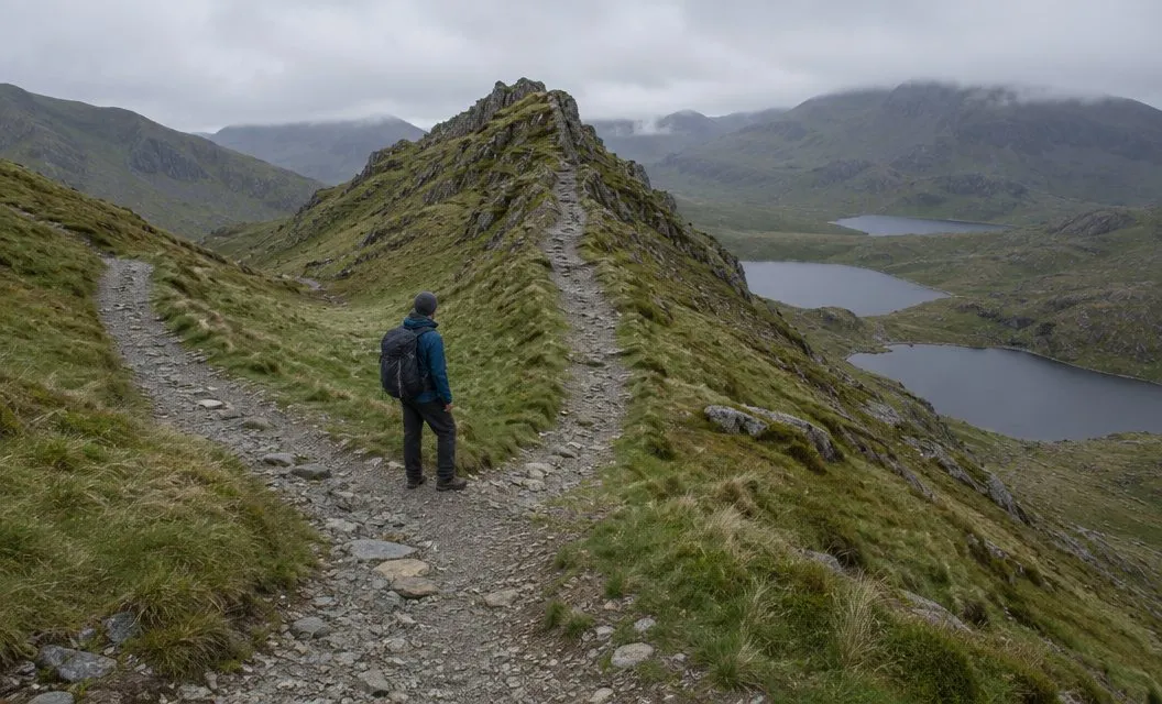 A walker paused at a fork on a grassy col, where one path crosses the slope and another climbs onto a jagged rock ridge.