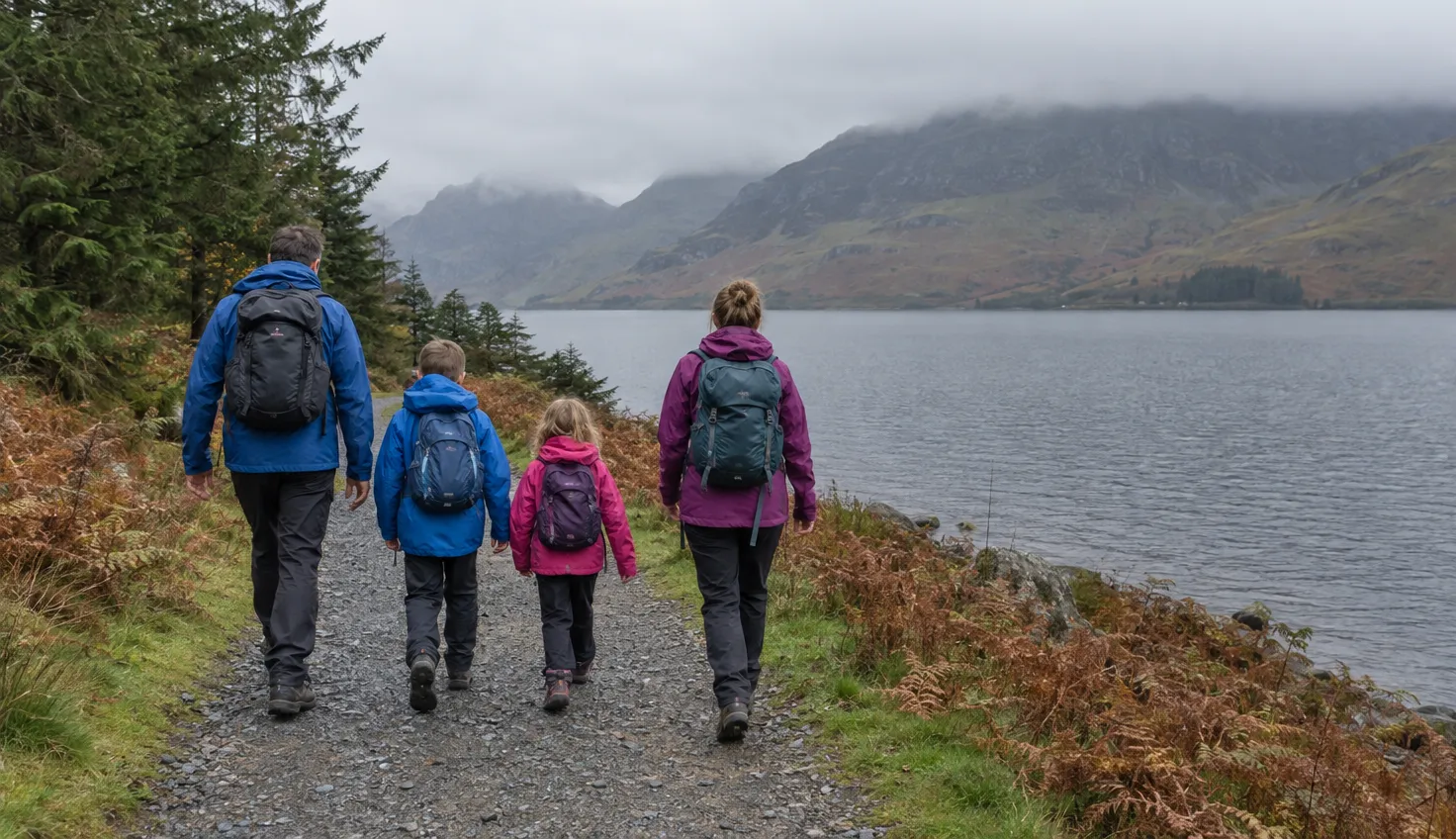 A family with two children walking a flat lakeside path, cloud hiding the mountains across the water.