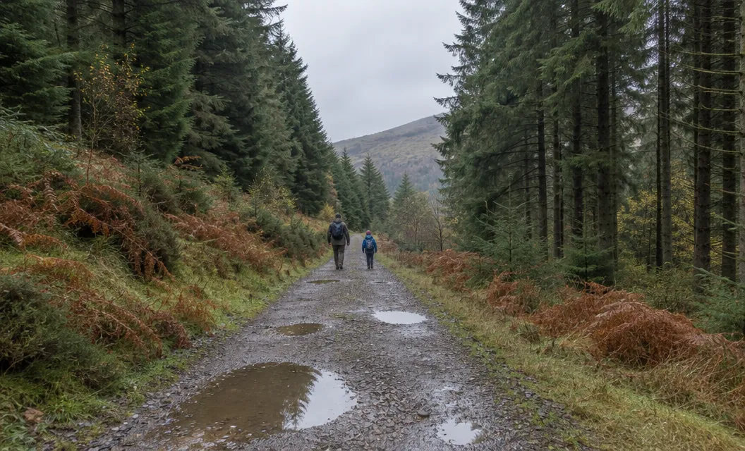 A wide forest track through tall conifers, a walker and a child small in the distance.