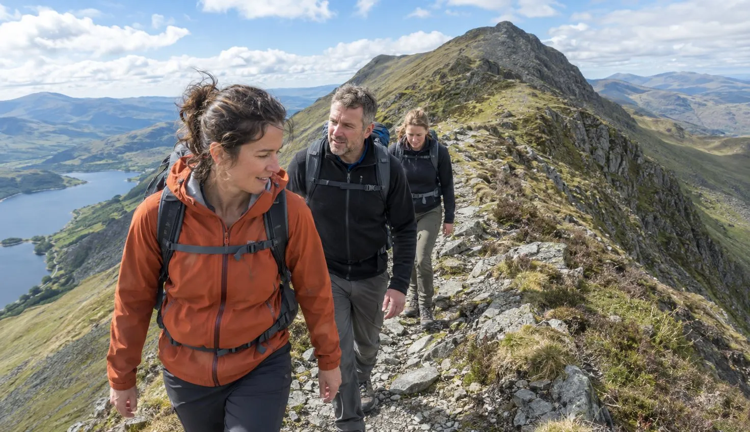 Three walkers on the narrow Bwlch Main ridge of the Rhyd Ddu Path in clear weather