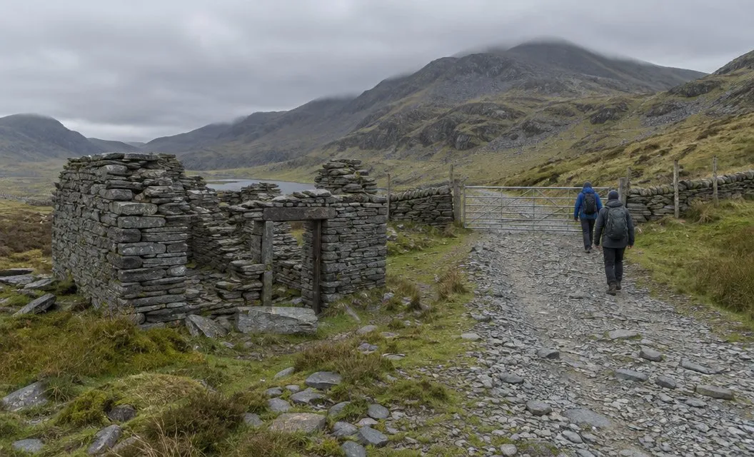 A roofless ruined stone hut beside an old stony track climbing gently across moorland.
