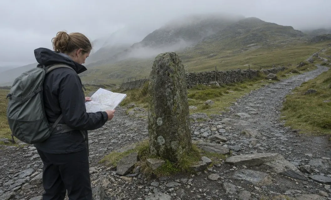A walker with a map pausing beside a standing stone where two stony paths meet.