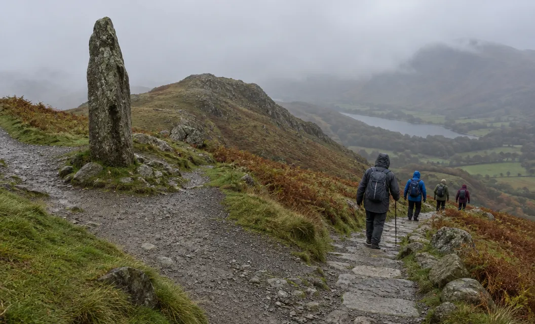 A tall standing stone at a path junction on a stony col, walkers heading down a well-made path in mist.