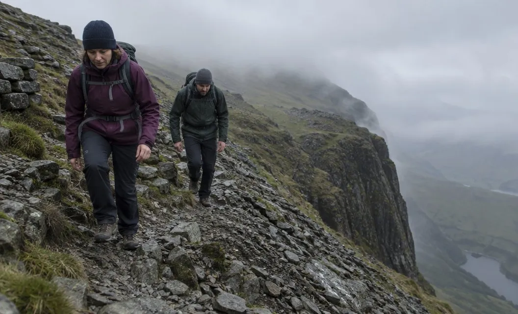 Two walkers climbing a steep, loose shoulder beside a cliff edge that drops into mist.