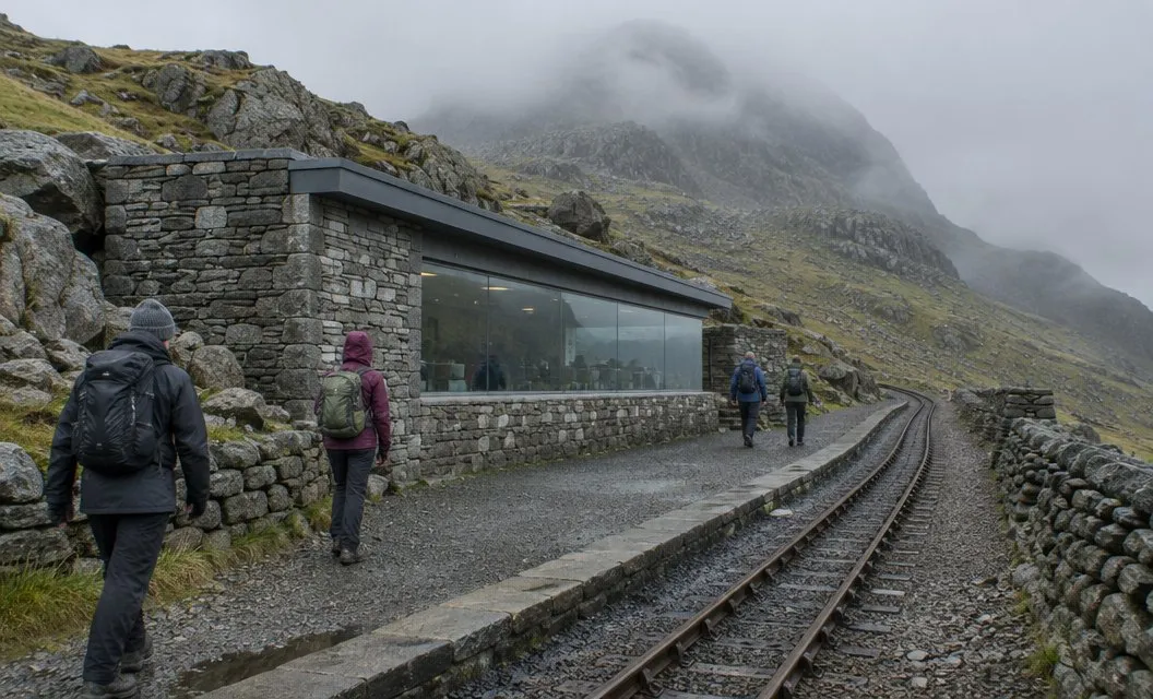 A low granite building with a long glass window set into the rocks just below a mountain summit, in mist.