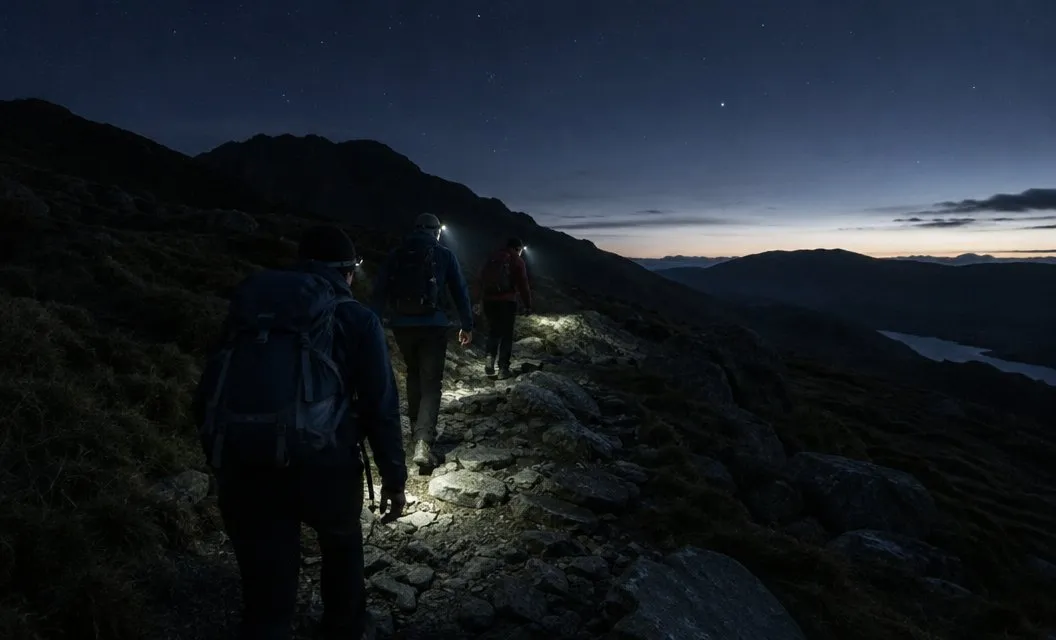 A line of walkers climbing a rocky path in the dark, lit only by their head torch beams.