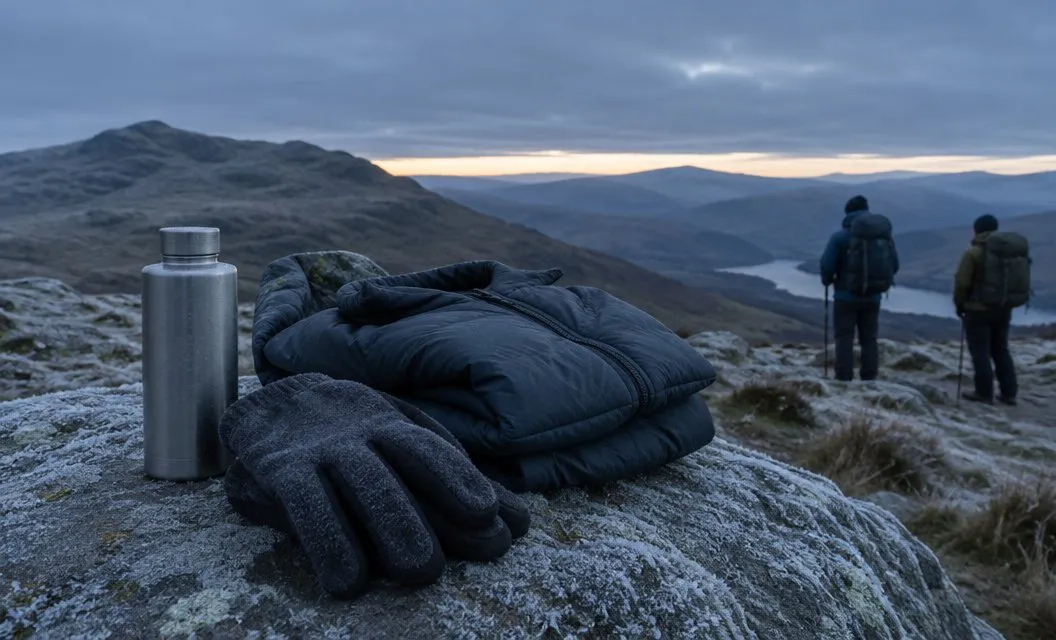 A flask, spare gloves and a folded warm jacket on a frosty rock in the blue light before dawn.