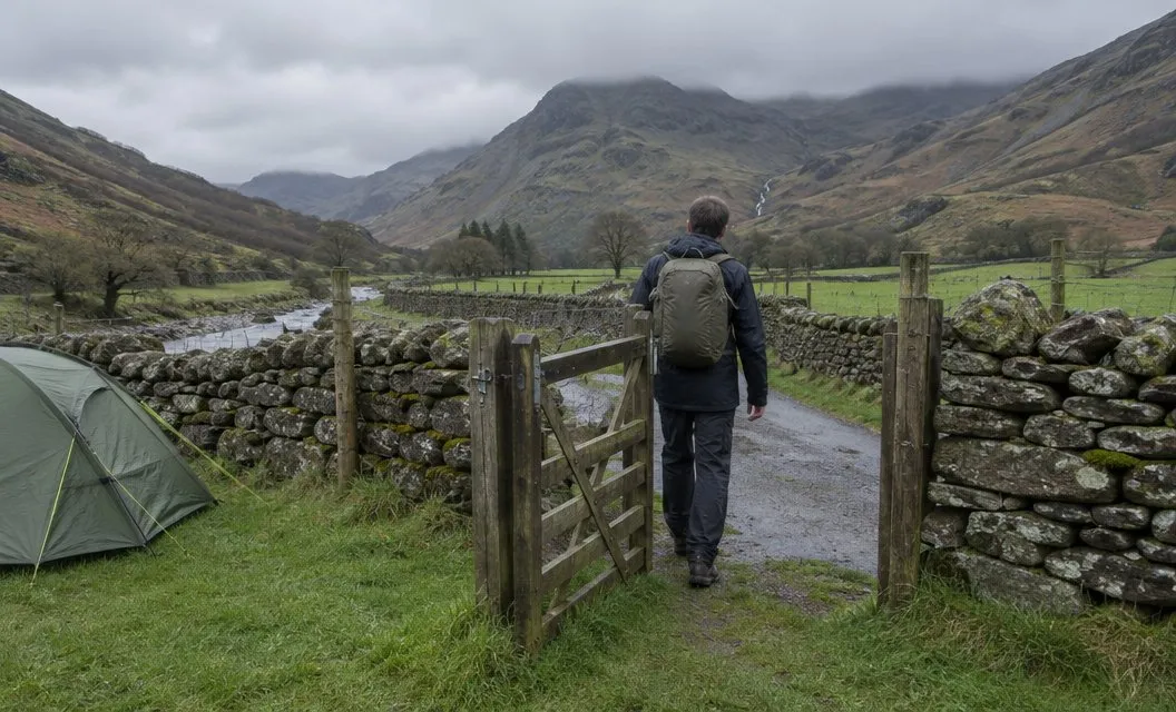 A walker leaving a campsite through a field gate onto a lane that leads toward the hills.