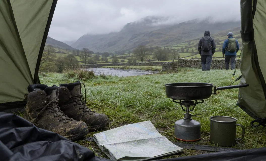 Muddy boots, a folded map and a small stove in the porch of a tent pitched on grass.
