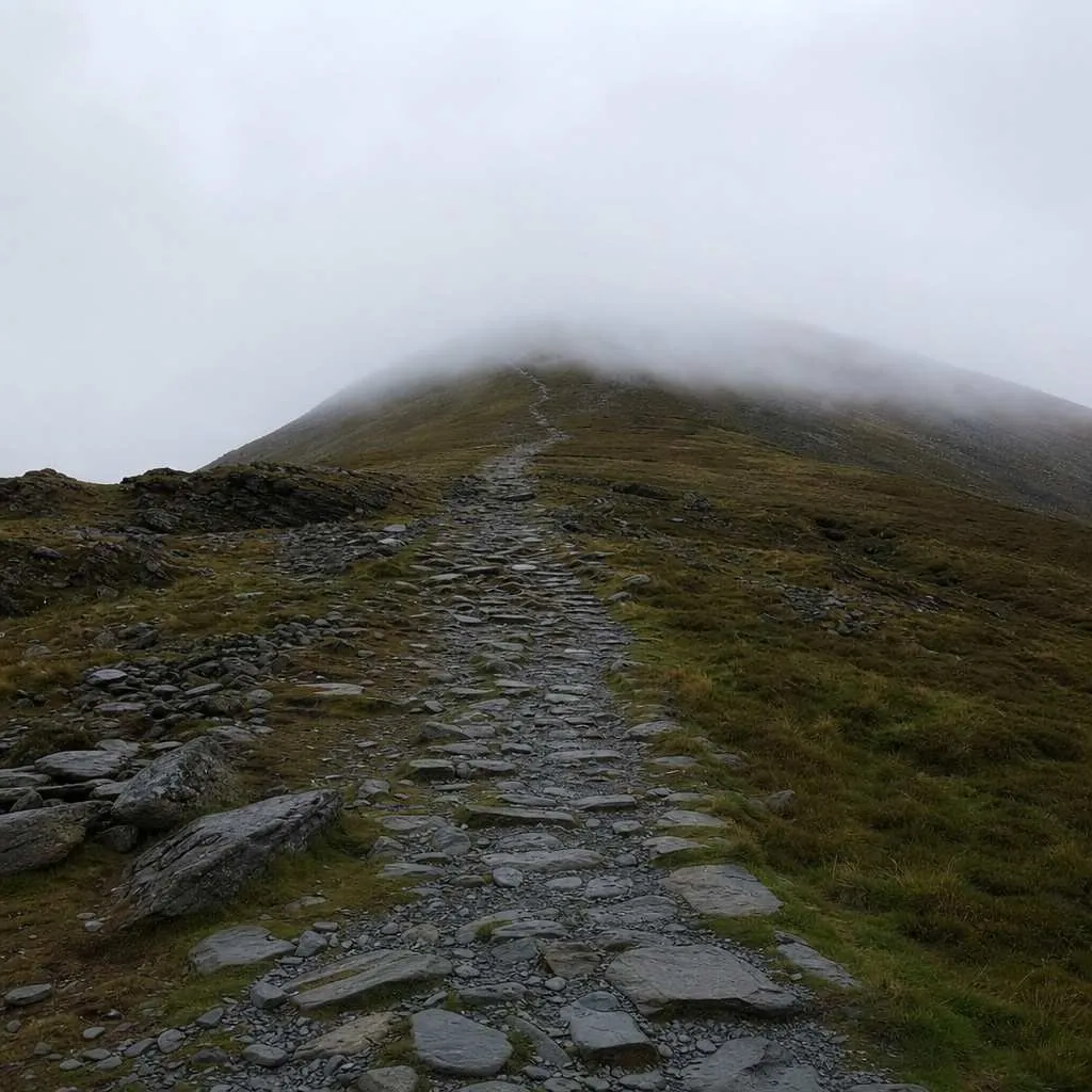 low cloud on a mountain top with the path vanishing into mist
