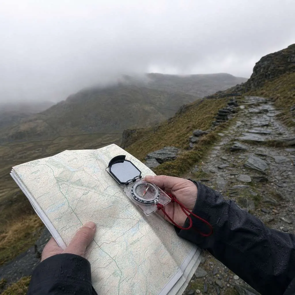 a walker's hands holding a paper map and compass on a misty hillside
