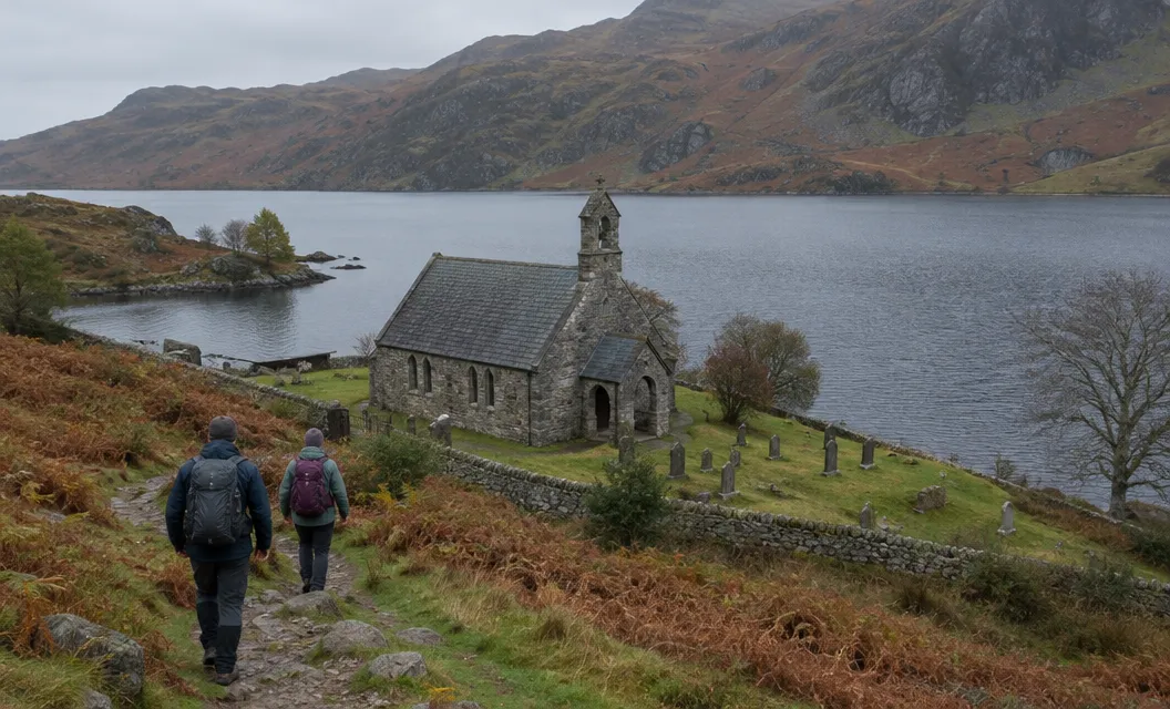 Two walkers on a path above a small old stone church with a slate roof at the end of a lake.