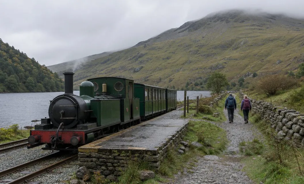 A small narrow-gauge steam train at an upland halt, with two walkers setting off along a path towards the mountain.