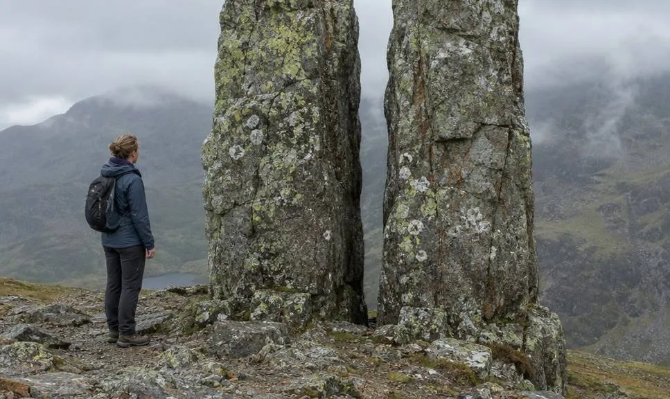 The two upright summit blocks known as Adam and Eve on Tryfan, with a walker standing beside them looking at the gap.
