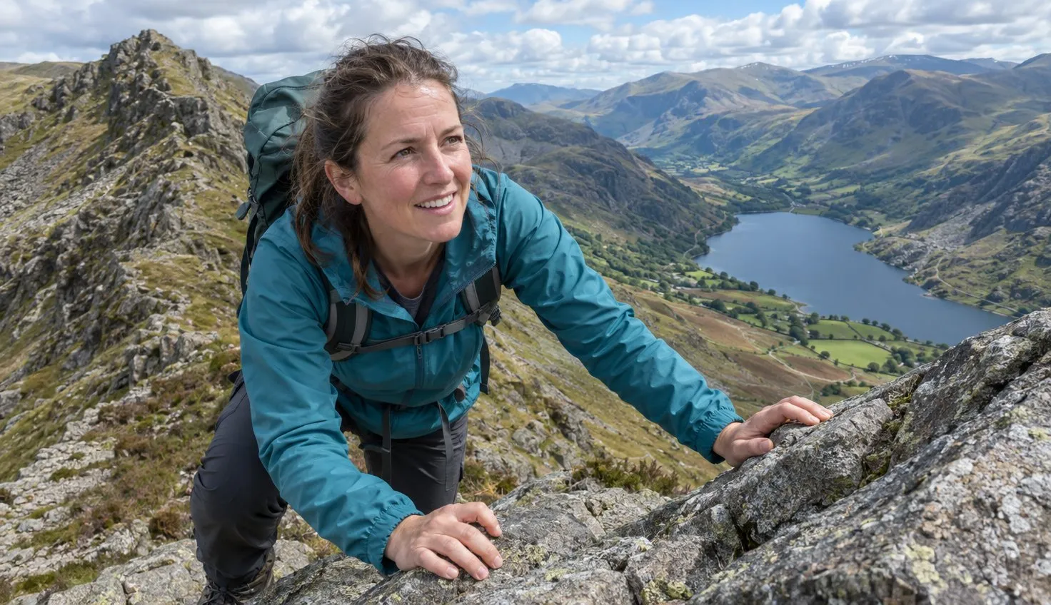 A walker using both hands on dry rock high on Tryfan's North Ridge, the Ogwen valley below