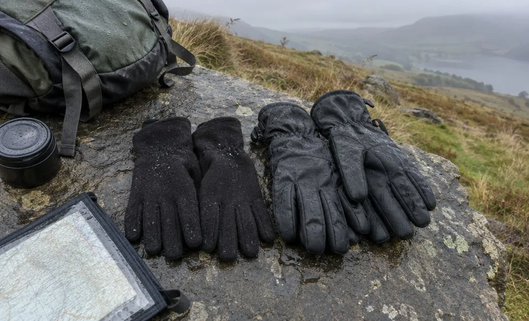 A thin pair of fleece gloves and a thicker waterproof pair laid side by side on a wet slate rock beside a rucksack.
