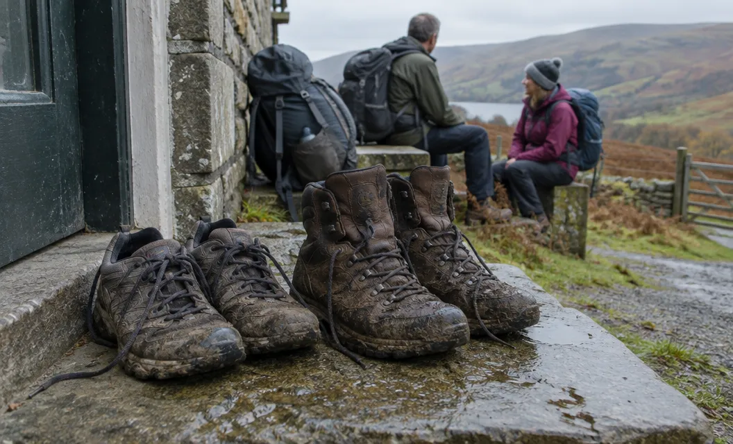 A muddy pair of low walking shoes beside a pair of walking boots on a stone doorstep, walkers resting behind.