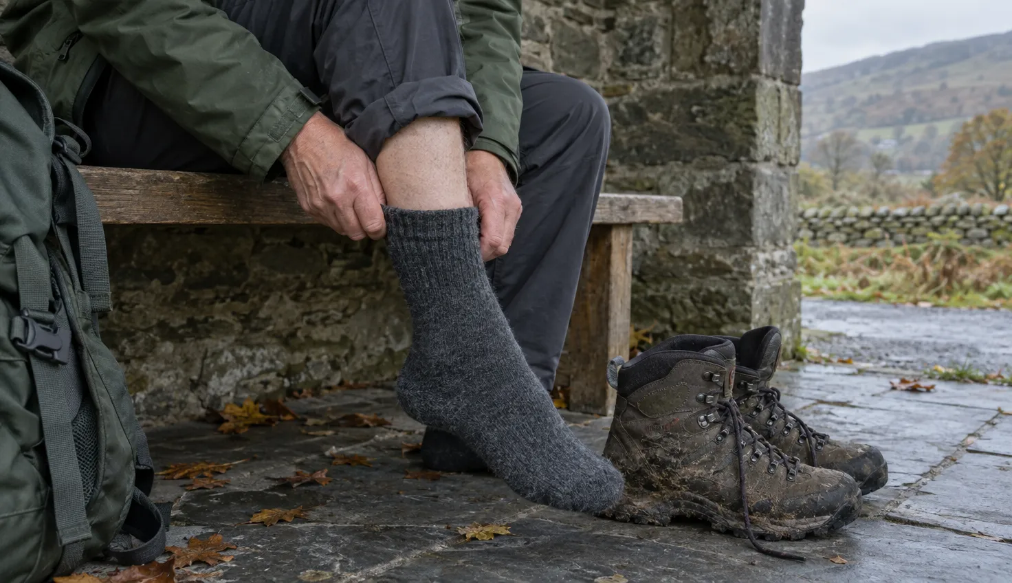 A walker sitting on a wooden bench beside an open walking boot, pulling a thick grey walking sock over one foot.