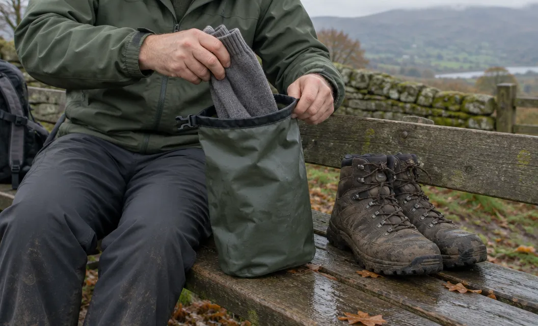 Dry wool socks going into a drybag beside muddy walking boots on a wooden bench.