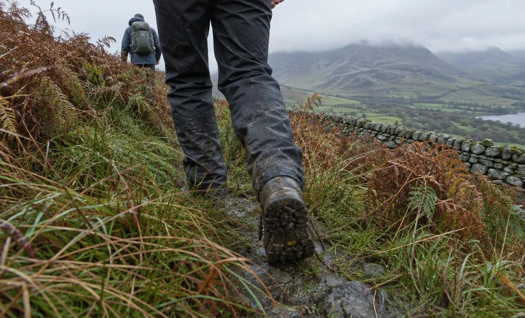 Lower legs in dark walking trousers brushing through wet bracken on a narrow hill path.
