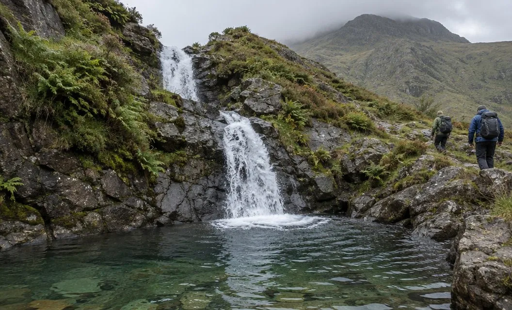 A white waterfall dropping in two steps into a clear rock pool, two walkers on the path beside it.