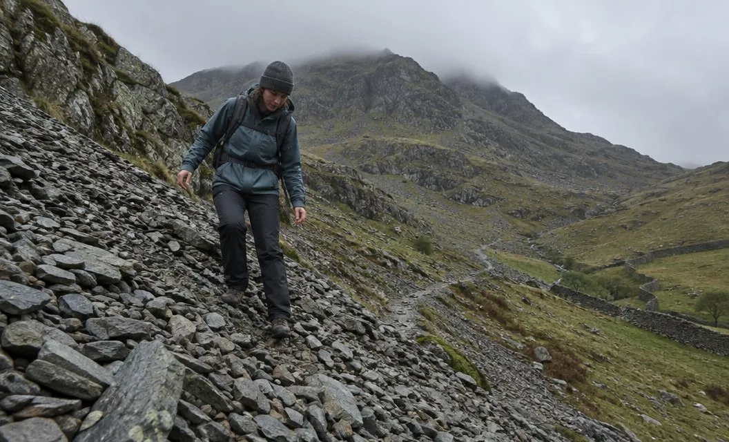 A walker picking a line across steep loose scree below a rocky col, cloud on the ridge above.