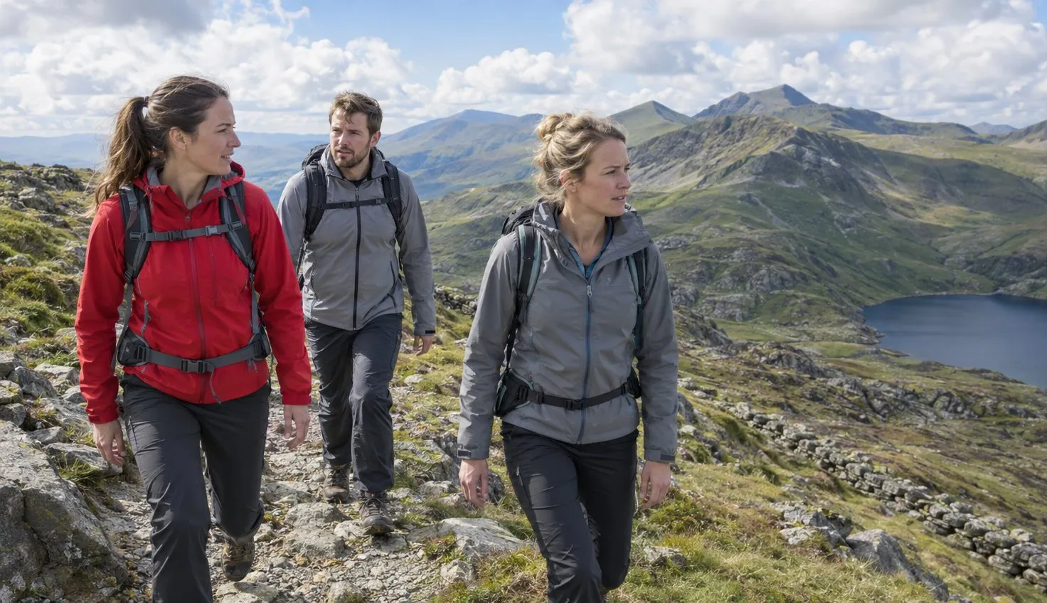 Three walkers striding along a high rocky ridge with more summits ahead