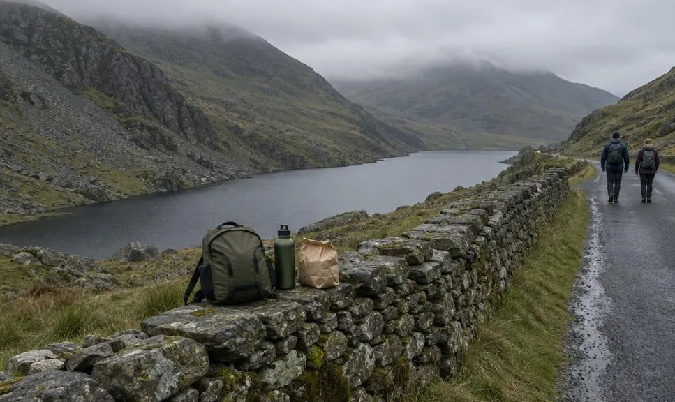 Food and water left on a roadside wall by a mountain lake, ready for a resupply stop.