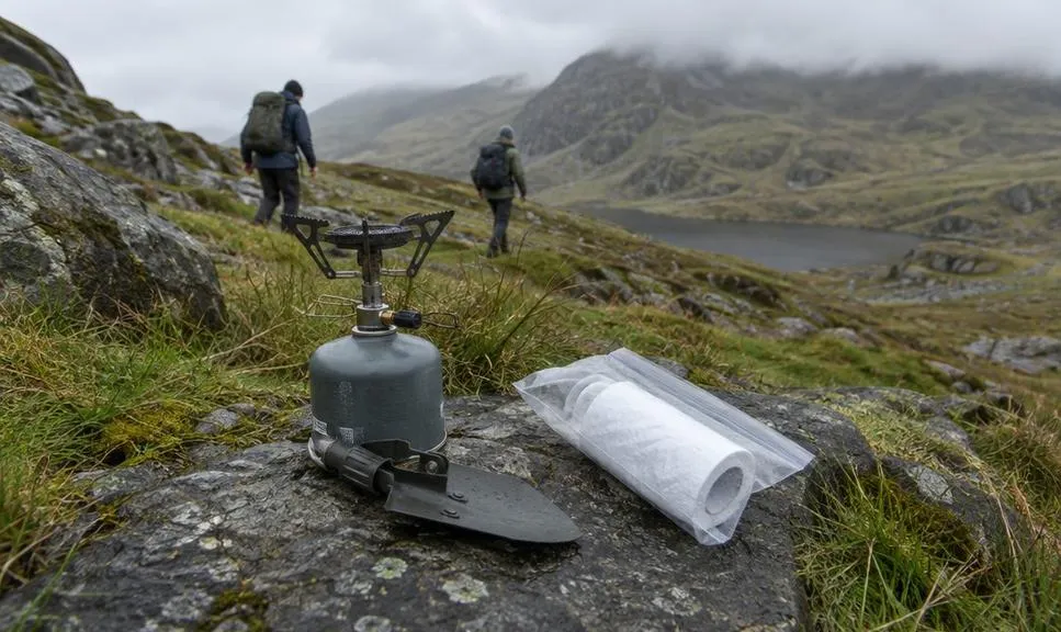 A small gas stove and a trowel on a rock, the kit the wild camping code asks for.