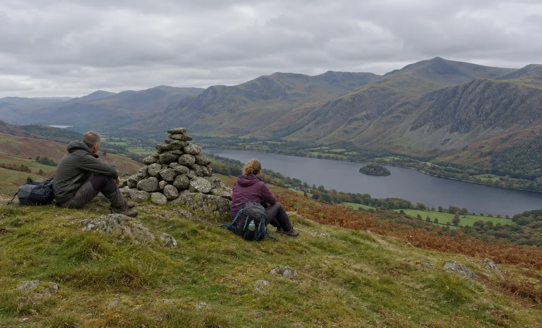 Two walkers resting by a small stone cairn on a broad grassy summit above a lake.
