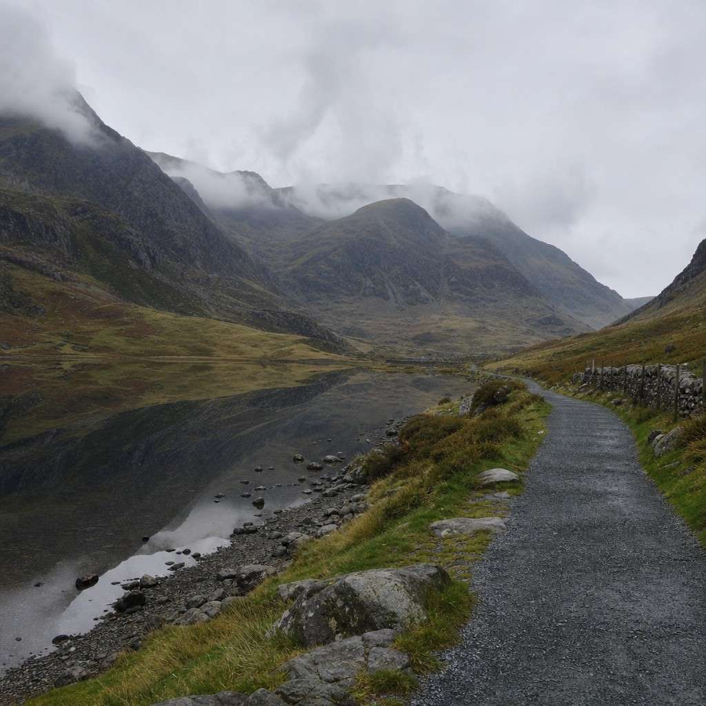 a gentle gravel lakeside path with hills reflected in still water