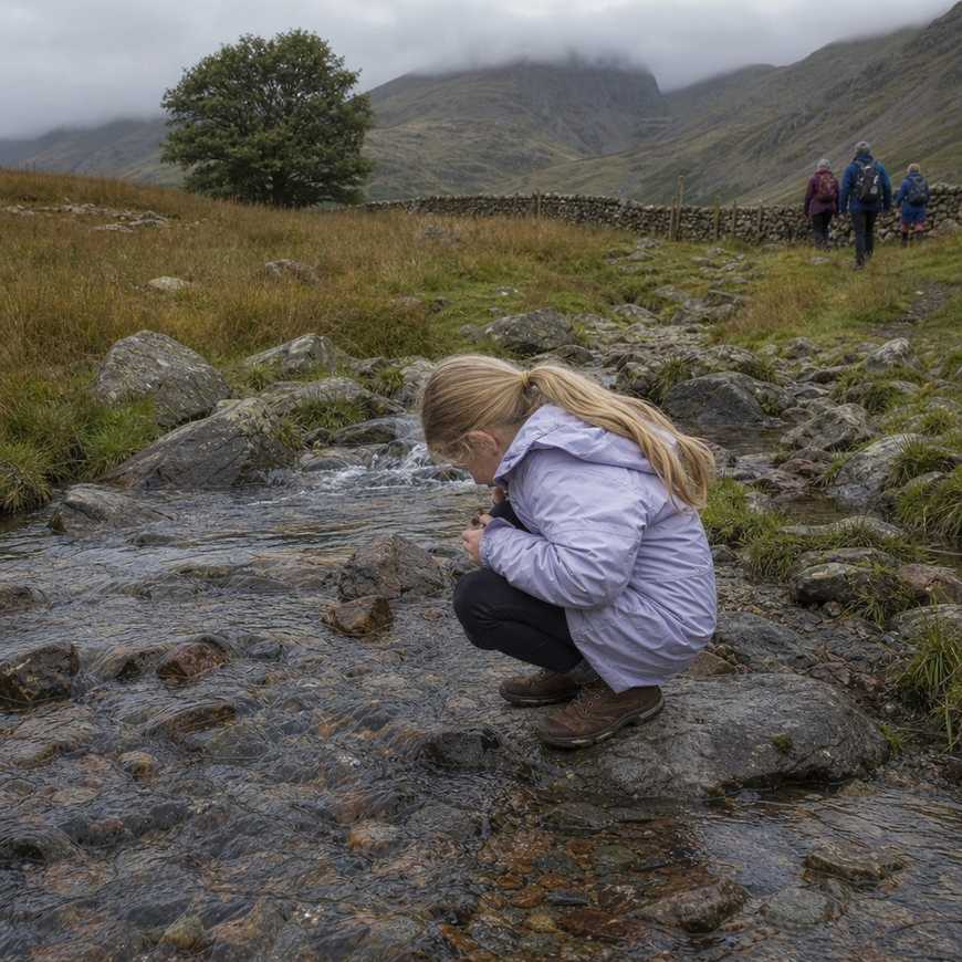 a child crouching to look at a stream over stones