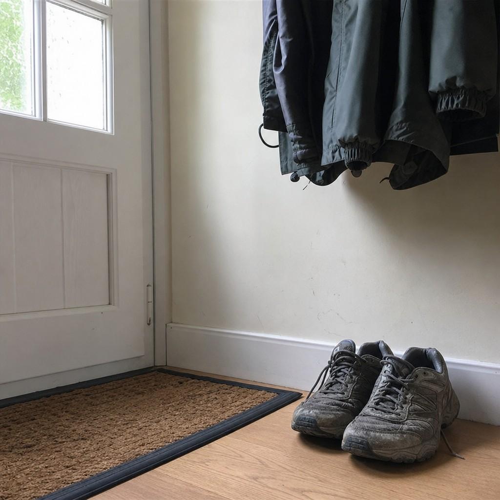 worn trainers and a coat by a front door, ready for a walk