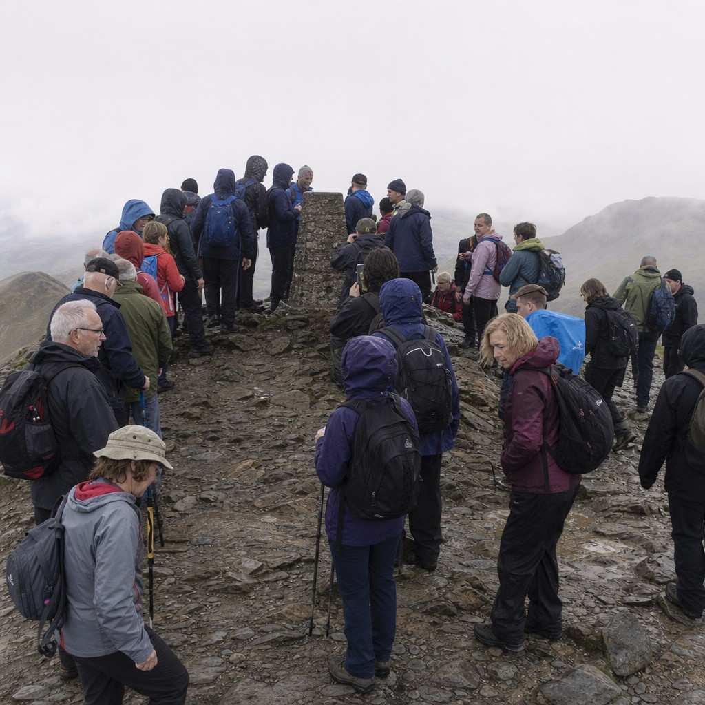 a cluster of walkers gathered around the busy summit area