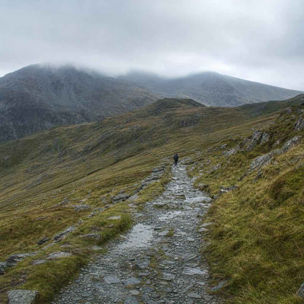a near-empty quiet mountain path with a single distant walker