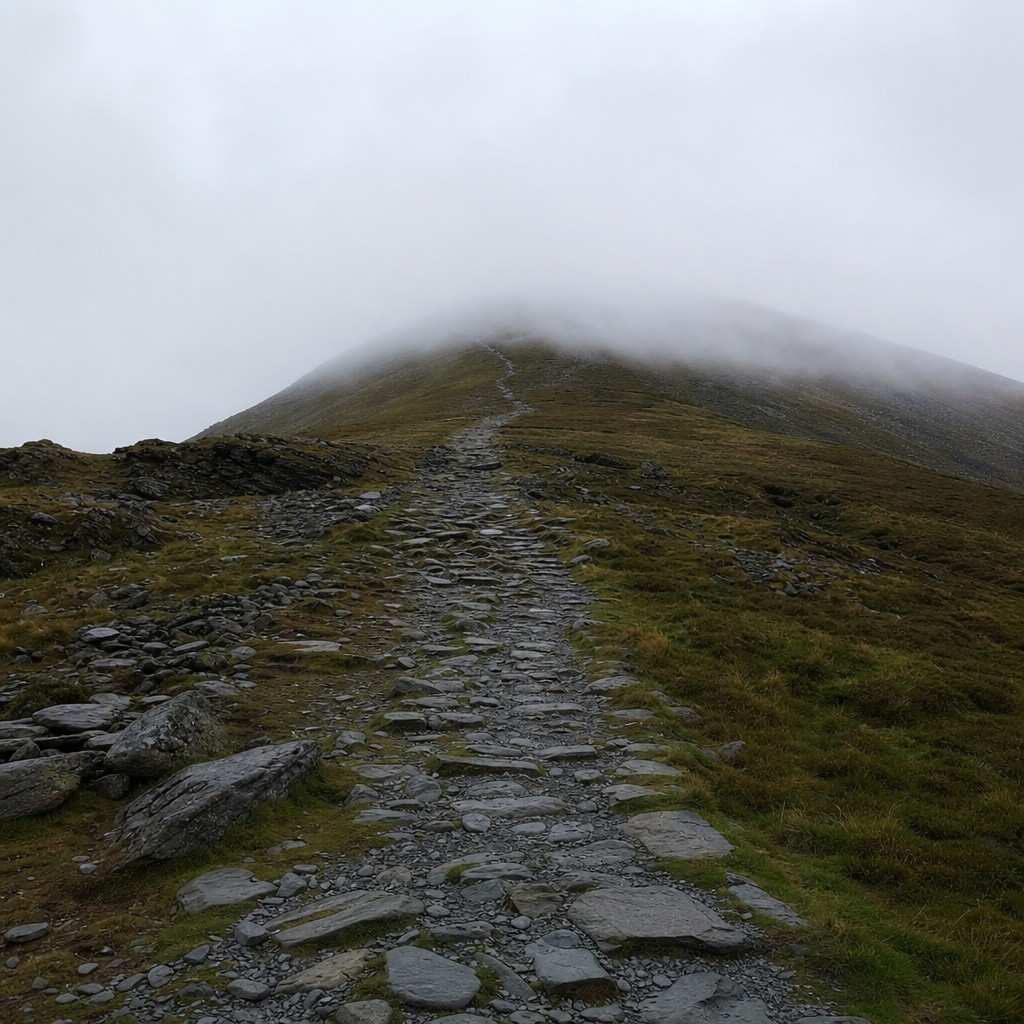 low cloud on a mountain top with the path vanishing into mist