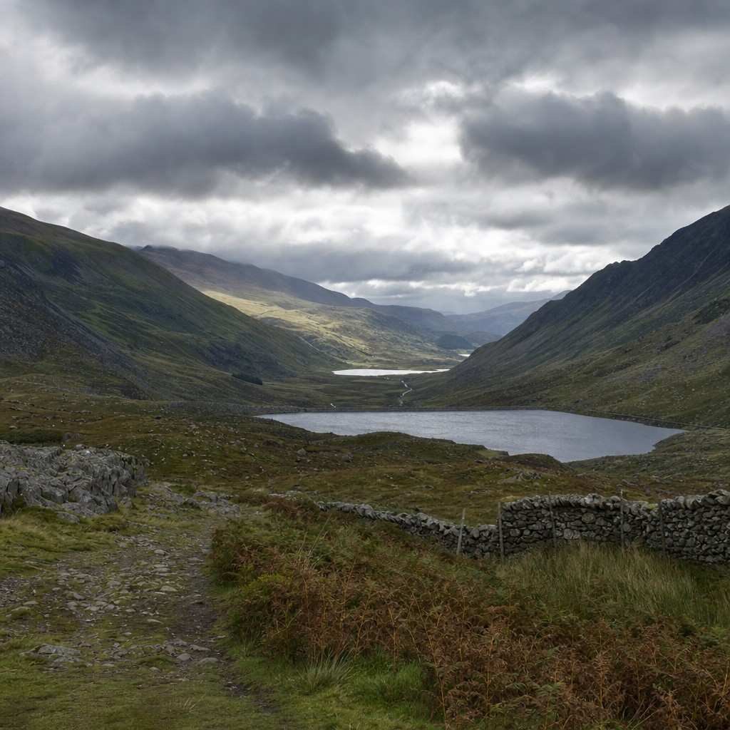 a wide Welsh valley under a broken threatening sky