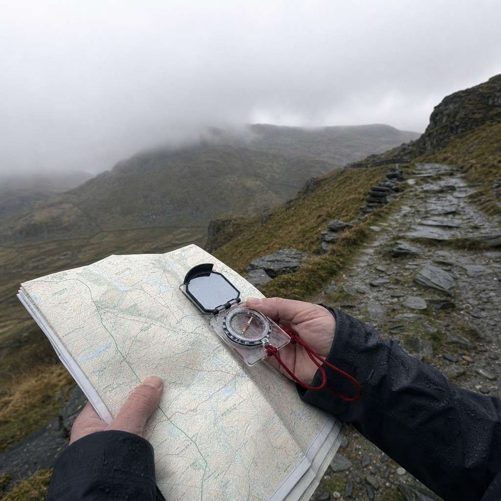 a walker's hands holding a paper map and compass on a misty hillside