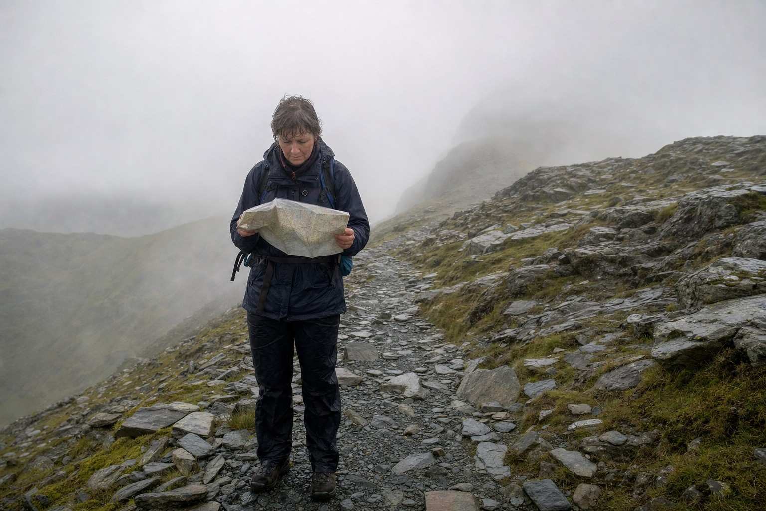 a lone walker in waterproofs pausing on a misty rocky ridge to check a map