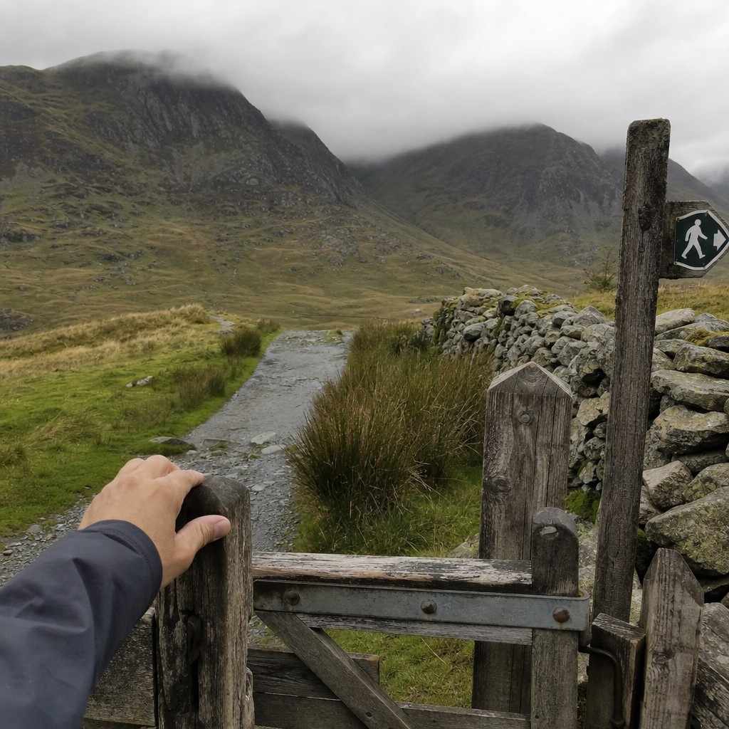 a hand on a wooden gate beside a footpath sign