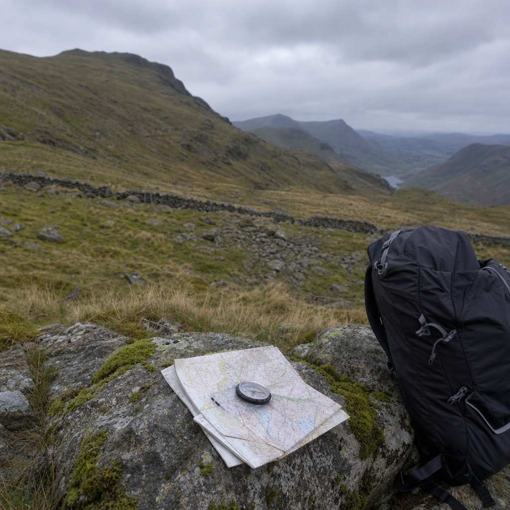 a map and compass on a mossy rock beside a rucksack