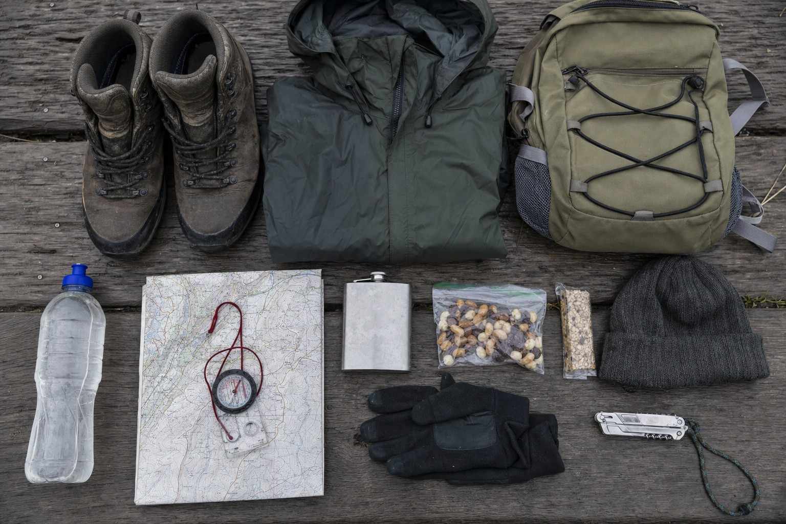 a day-walker's kit laid out flat on timber