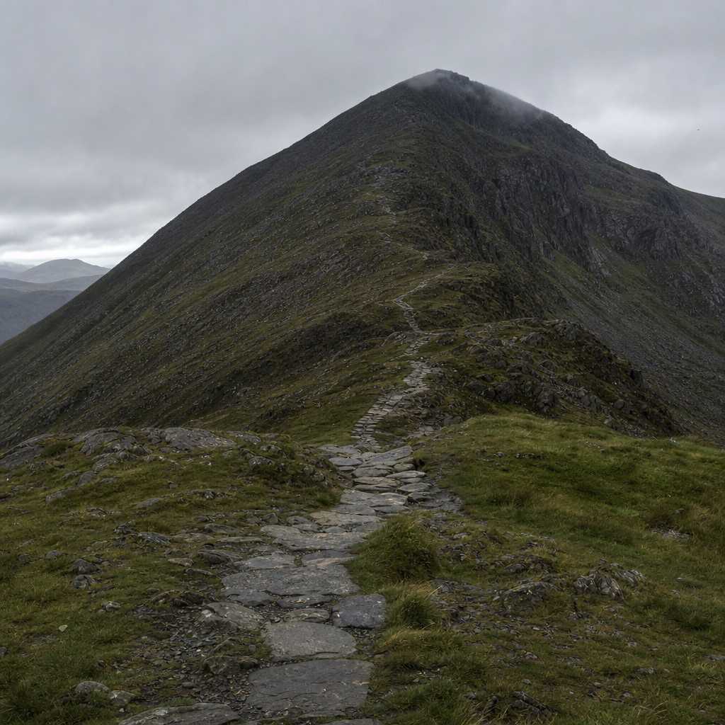 a stony mountain path climbing toward a cloudy summit ridge