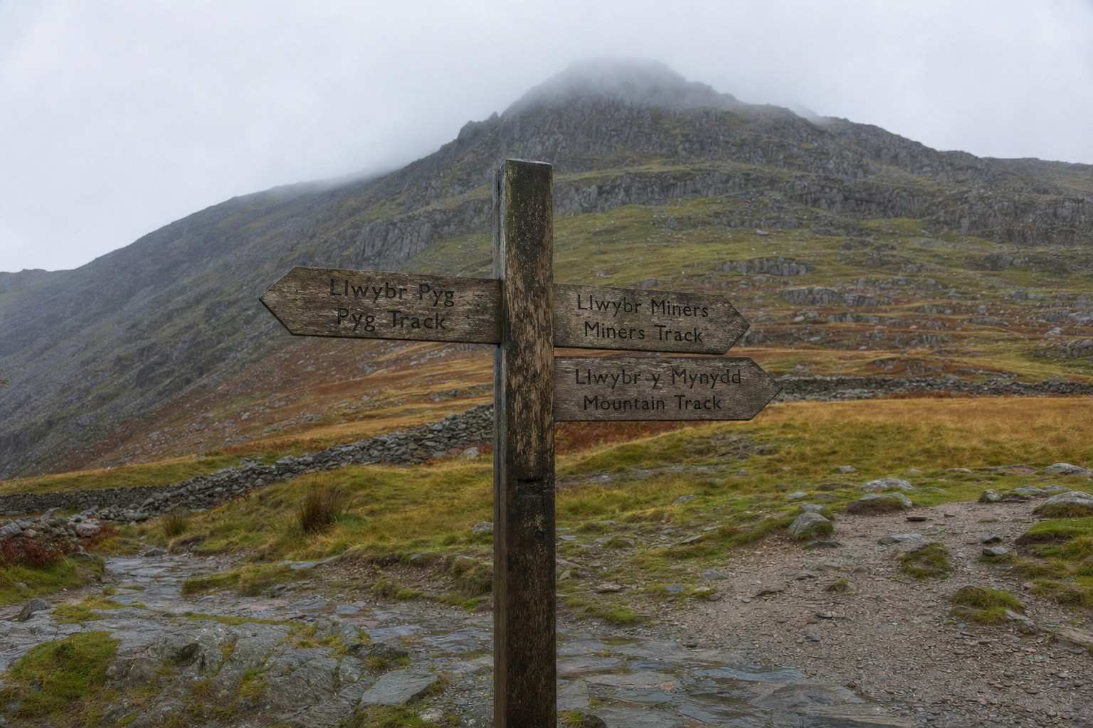 a weathered wooden fingerpost at a Snowdonia trail junction