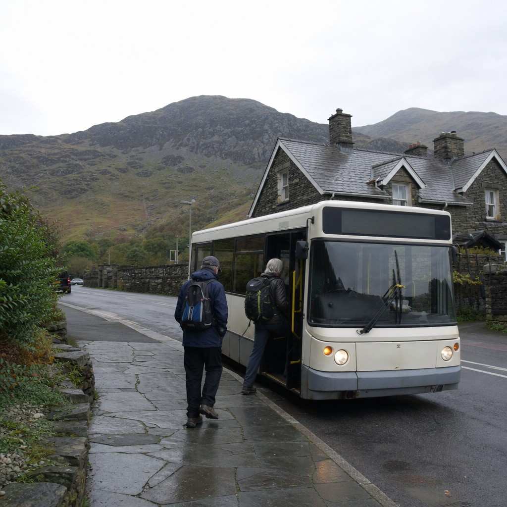 A local bus waiting at a stop in a Welsh village below the mountains