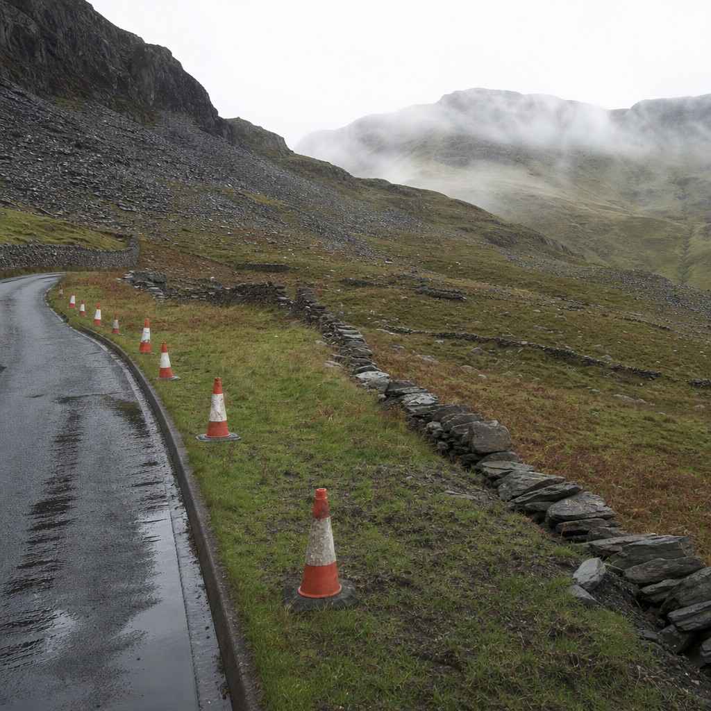 An empty narrow mountain road with a no-parking verge and drystone wall